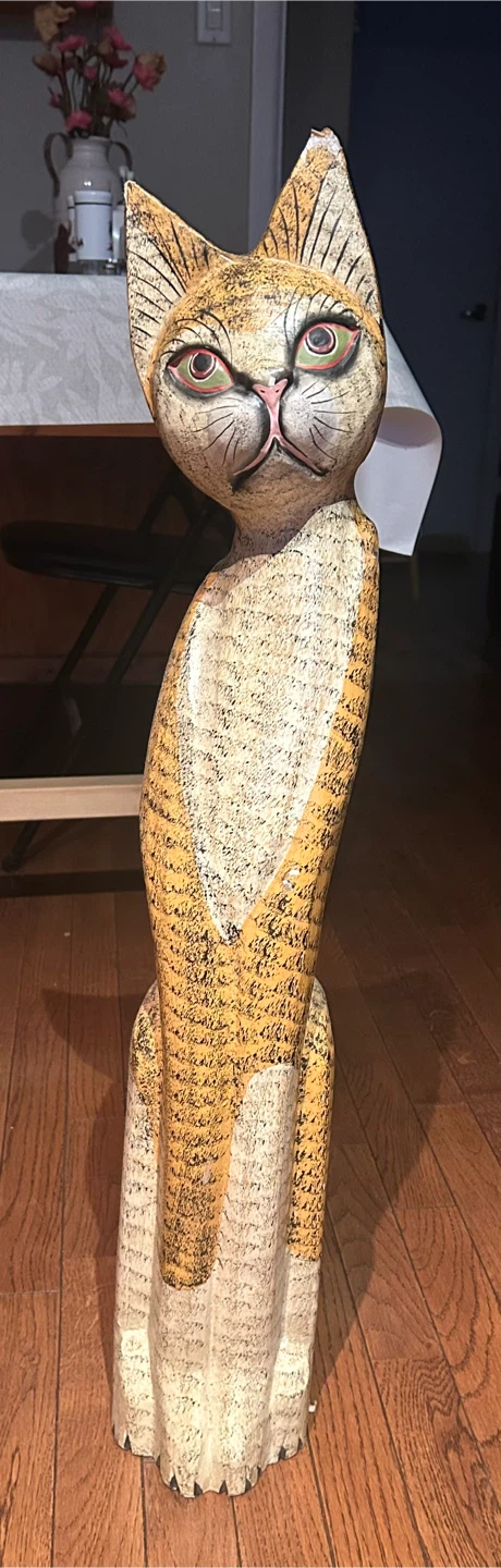 Carved Wooden Cat Statue - Orange and White Tabby