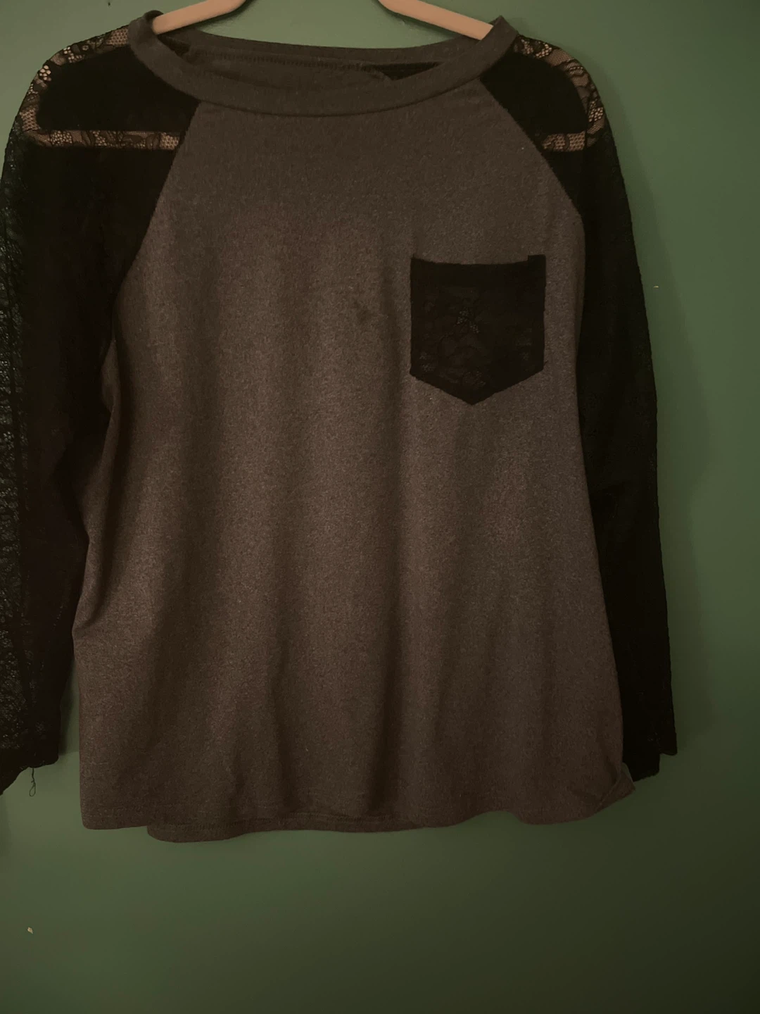 Grey & Black Lace Sleeve Baseball Tee