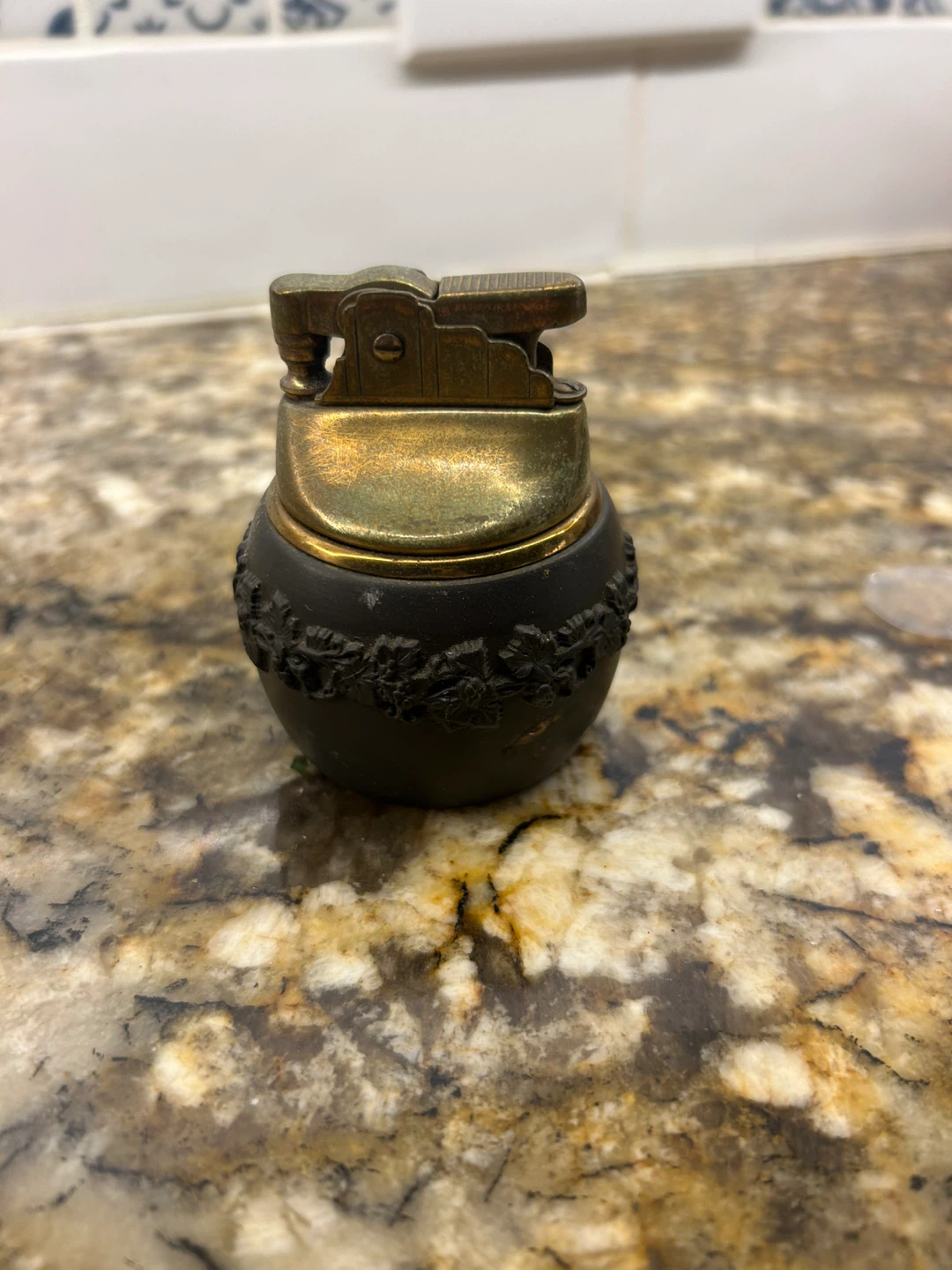 Vintage Ronson Table Lighter Brass & Black Engraved Lighter