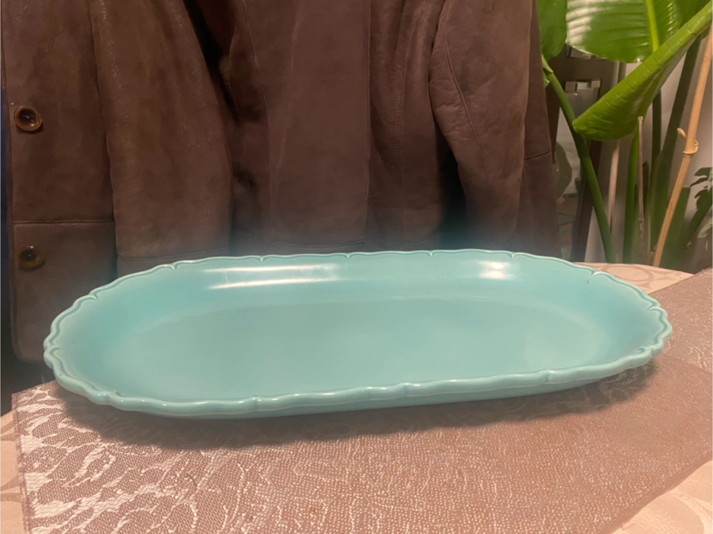 Teal Serving Platter with Scalloped Edge