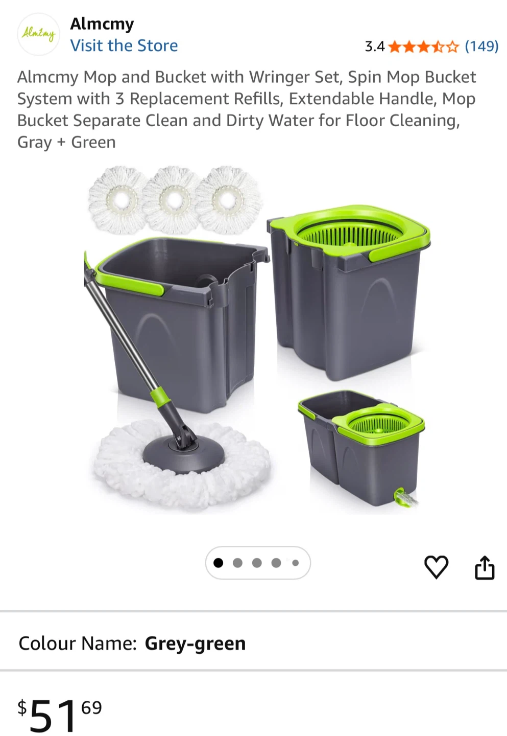 Almcmy Spin Mop and Bucket Set with 3 Refills, Grey-Green