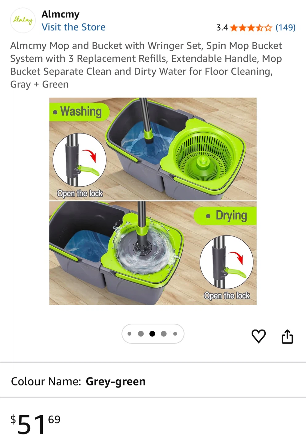 Almcmy Spin Mop and Bucket Set with 3 Refills, Grey-Green - photo 3