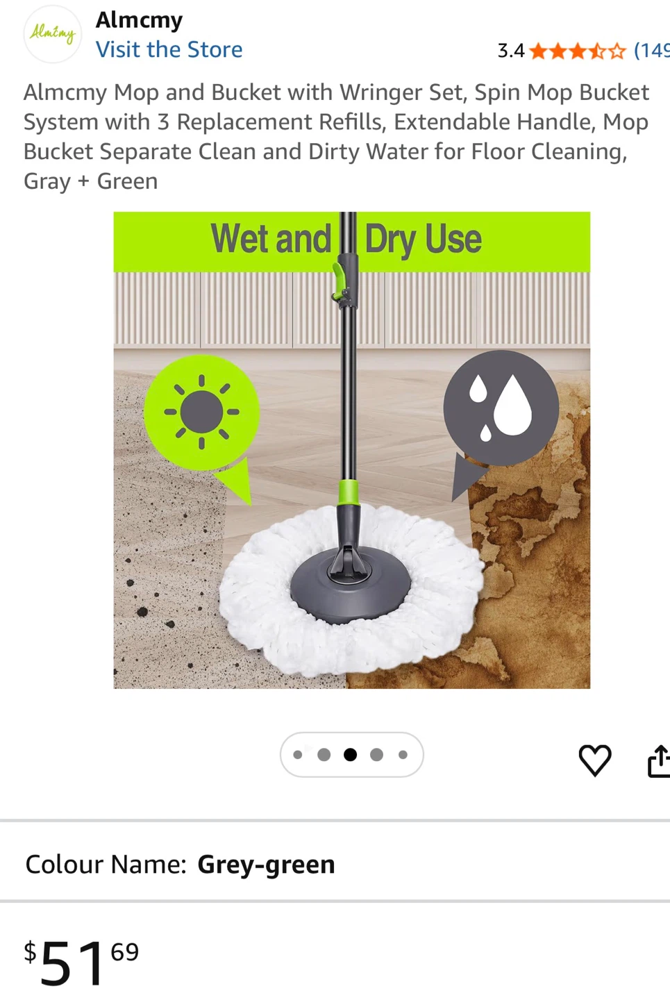 Almcmy Spin Mop and Bucket Set with 3 Refills, Grey-Green - photo 5