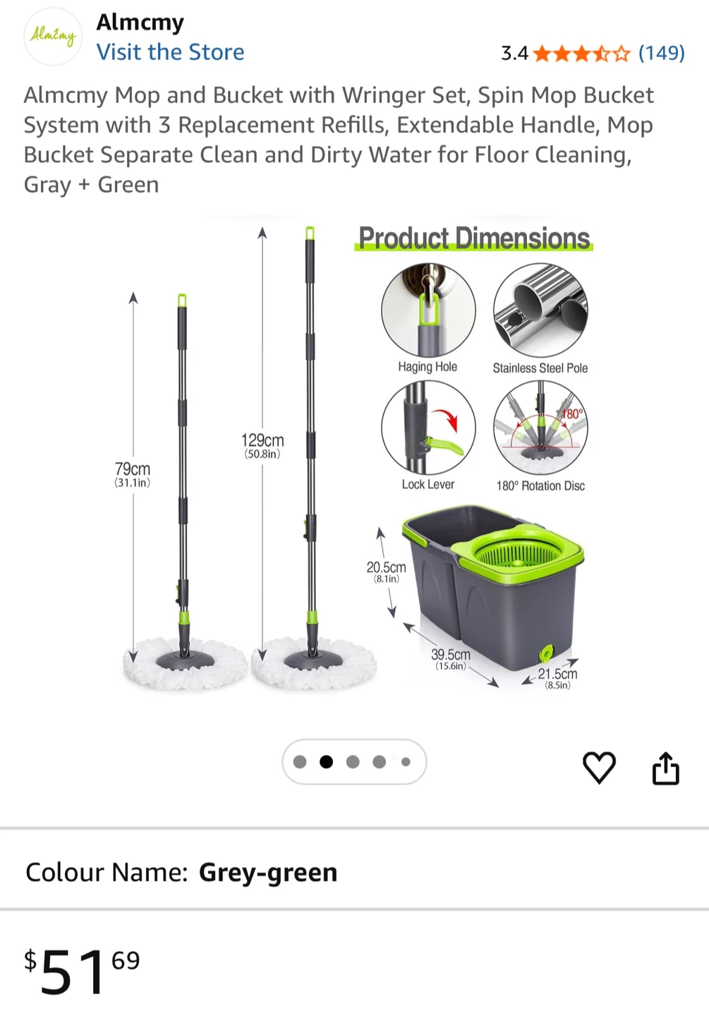 Almcmy Spin Mop and Bucket Set with 3 Refills, Grey-Green - photo 2