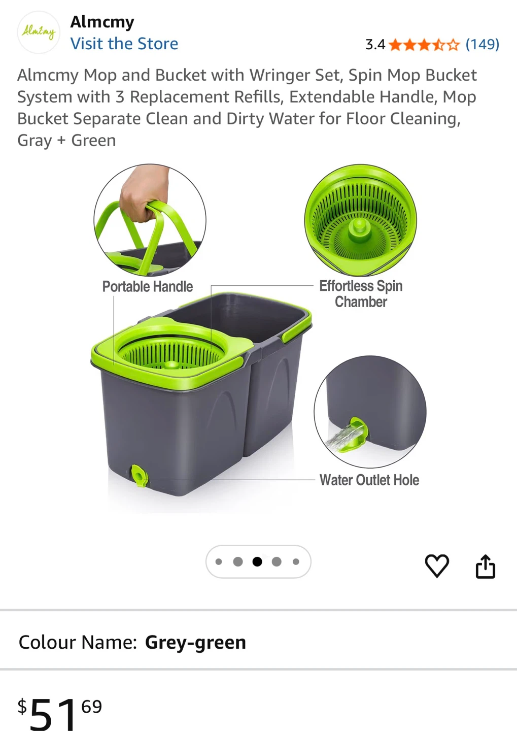 Almcmy Spin Mop and Bucket Set with 3 Refills, Grey-Green - photo 4
