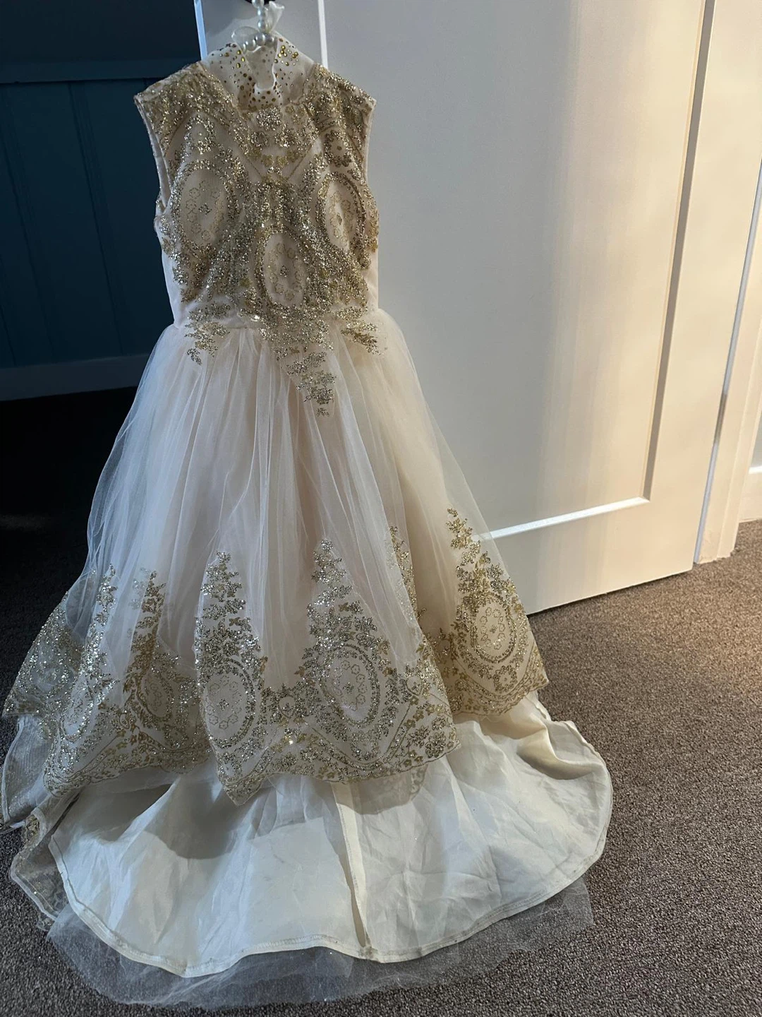 White and Gold Beaded Tulle Flower Girl Dress