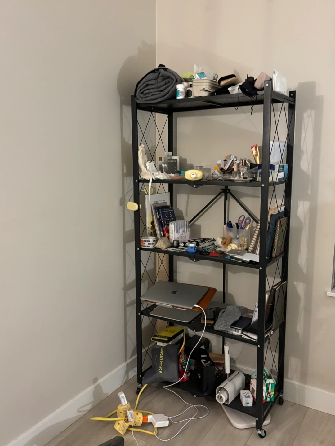 Black metal shelves