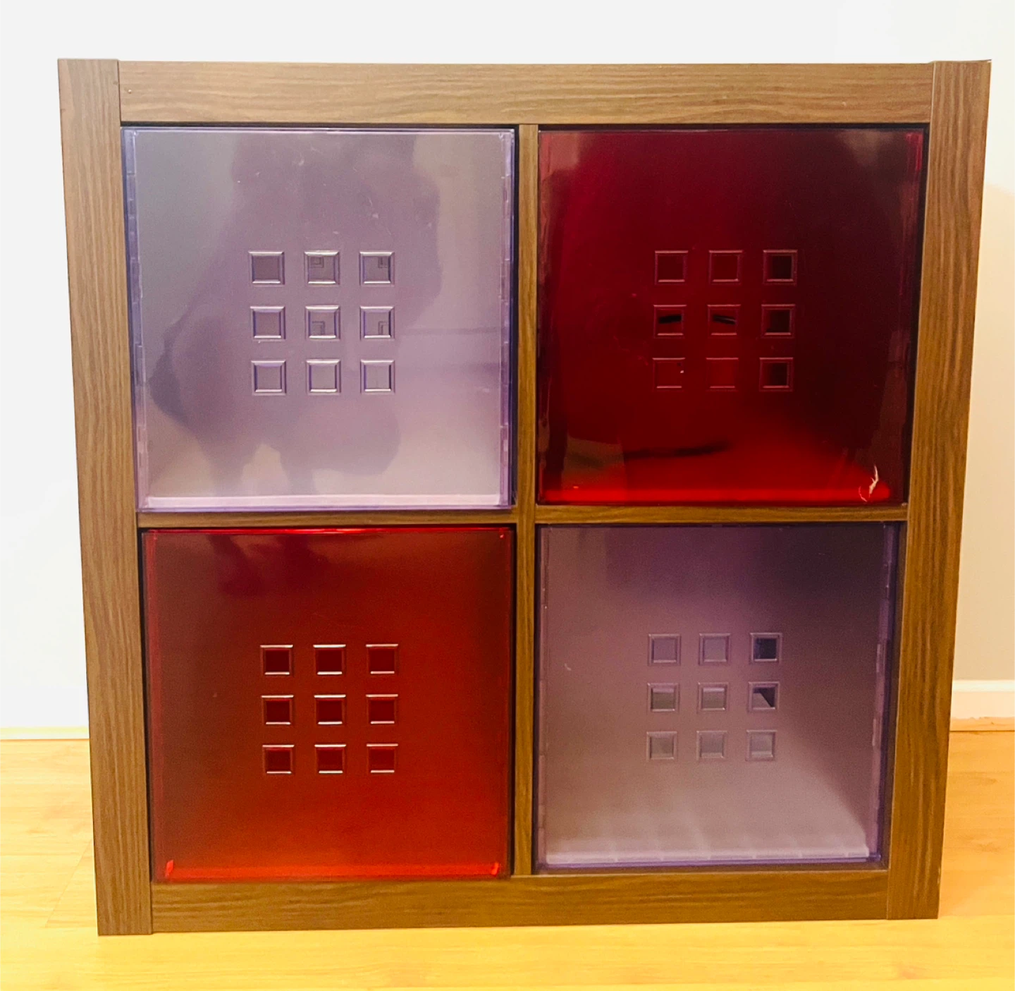 4 Cube Storage Unit - Wood Frame with Red and Purple Inserts