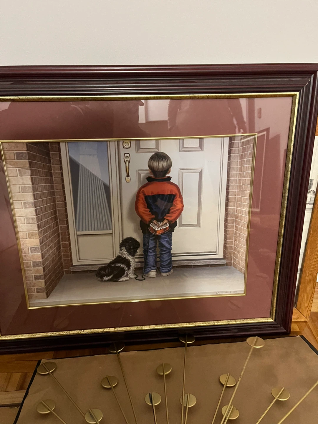 Framed Art Print: Boy and Dog at Door