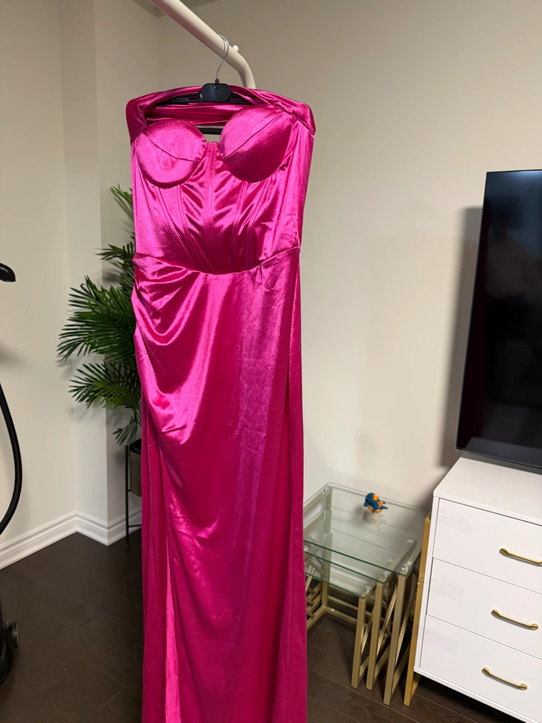 Hot Pink Strapless Satin Maxi Dress
