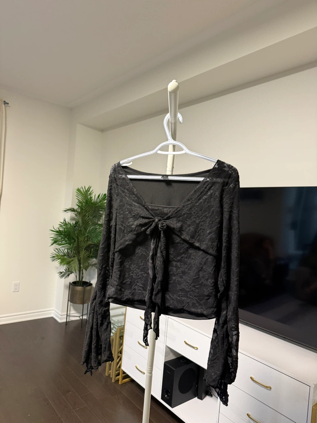 Black Lace Tie-Front Long Sleeve Top - photo 2
