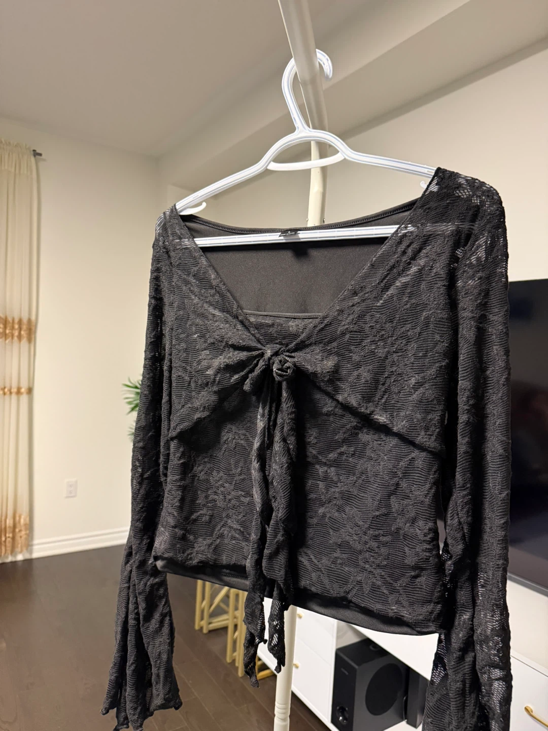Black Lace Tie-Front Long Sleeve Top