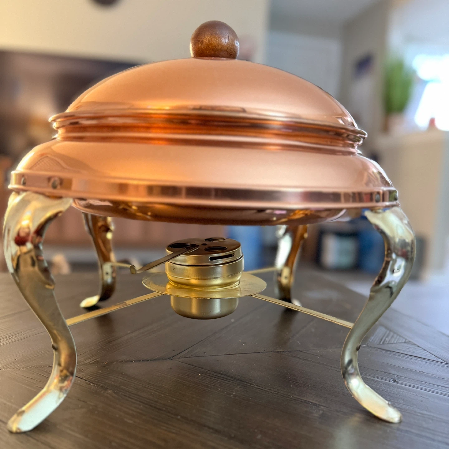 Copper Chafing Dish with Fuel Burner and Stand.