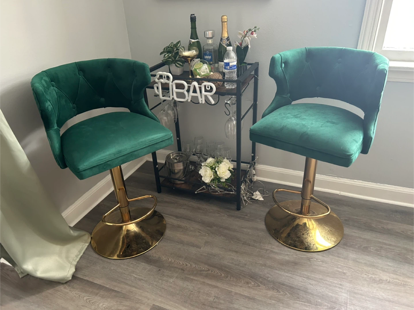 Set of 2 Emerald Green Velvet Bar Stools with Gold Base