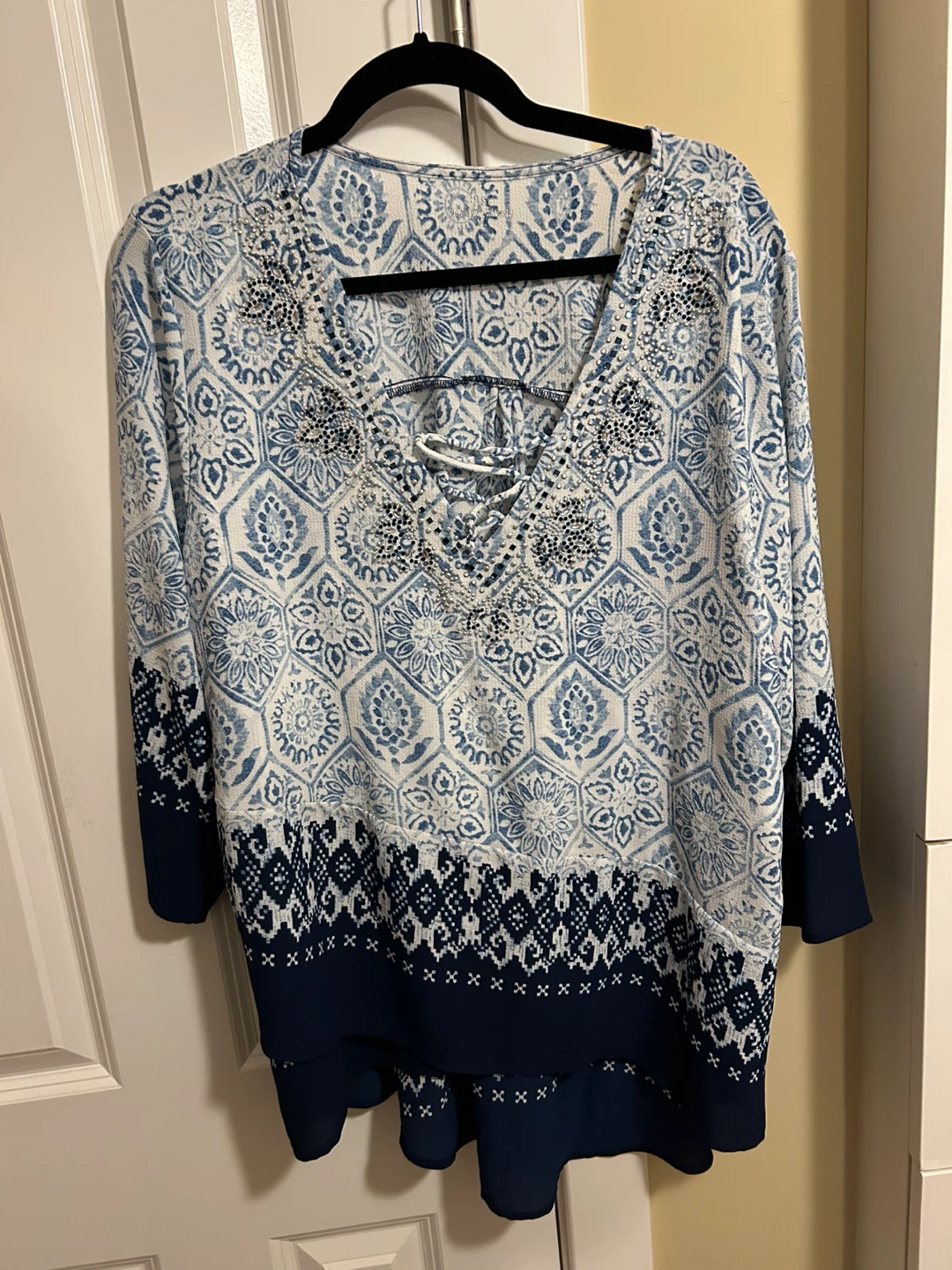 Blue and White Printed Tunic Top with Lace-Up Neck