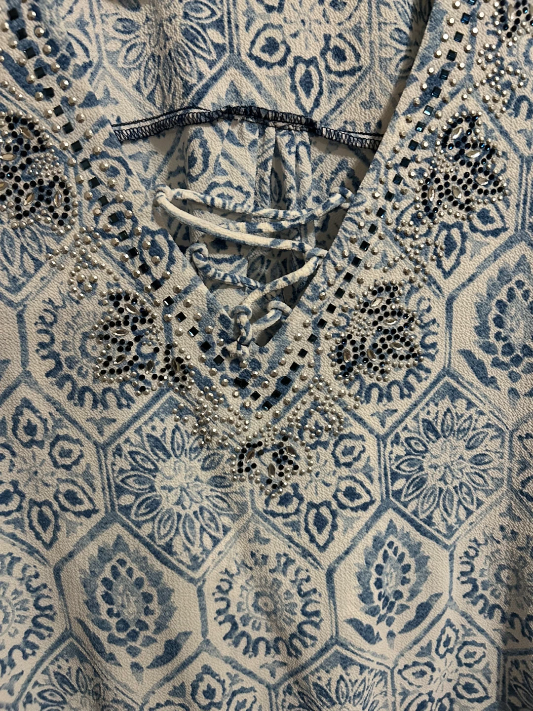 Blue and White Printed Tunic Top with Lace-Up Neck - photo 2