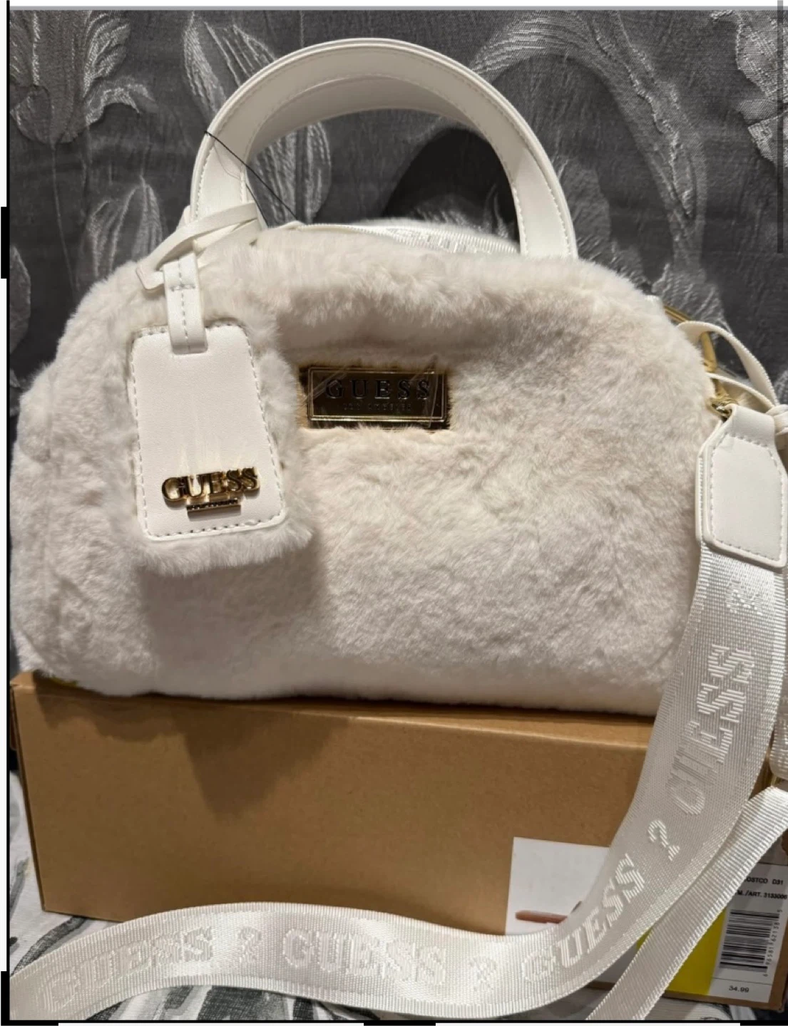 White Faux Fur Guess Handbag with Shoulder Strap
