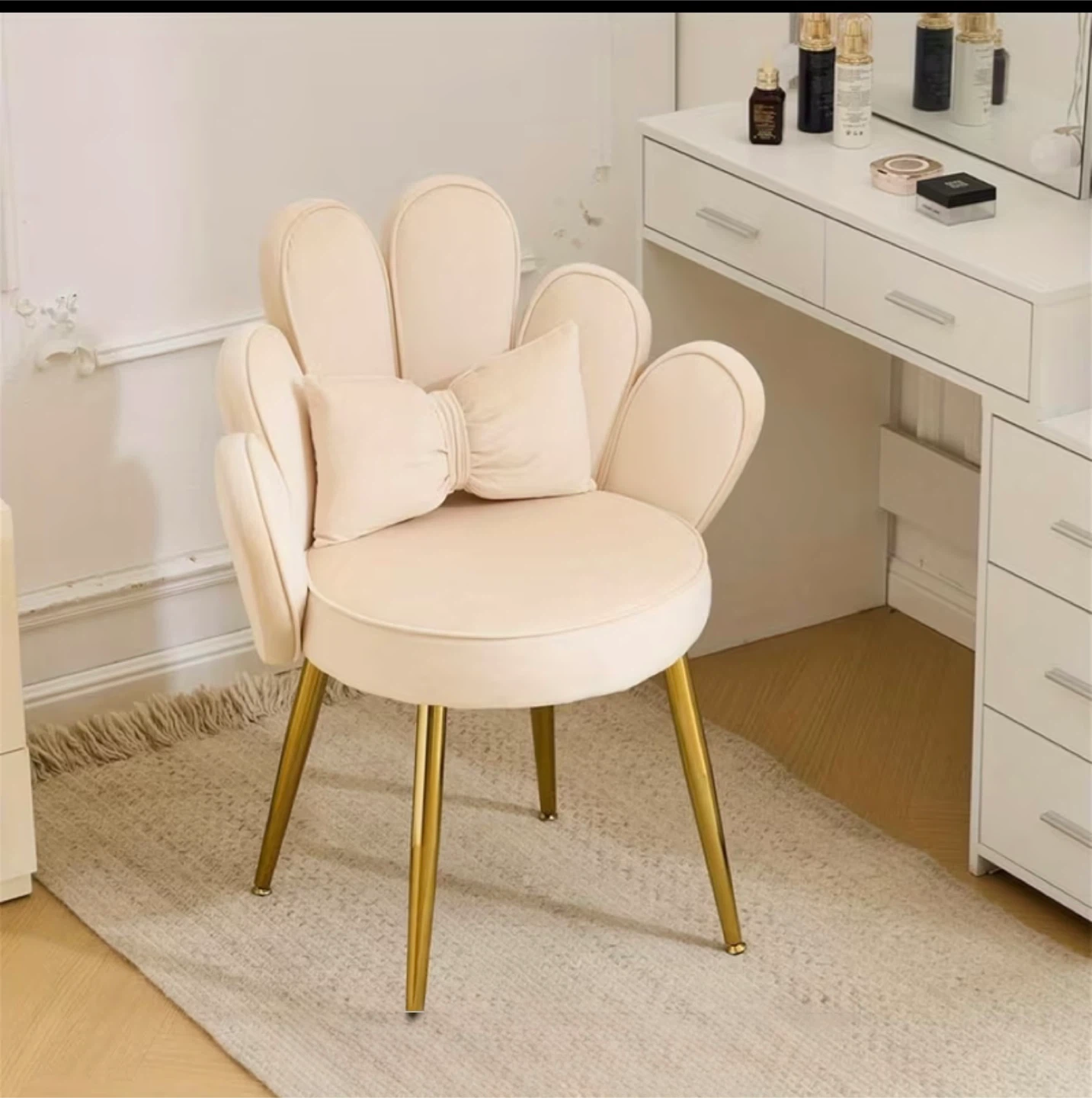 Velvet Flower Accent Chair with Bow Pillow - Cream