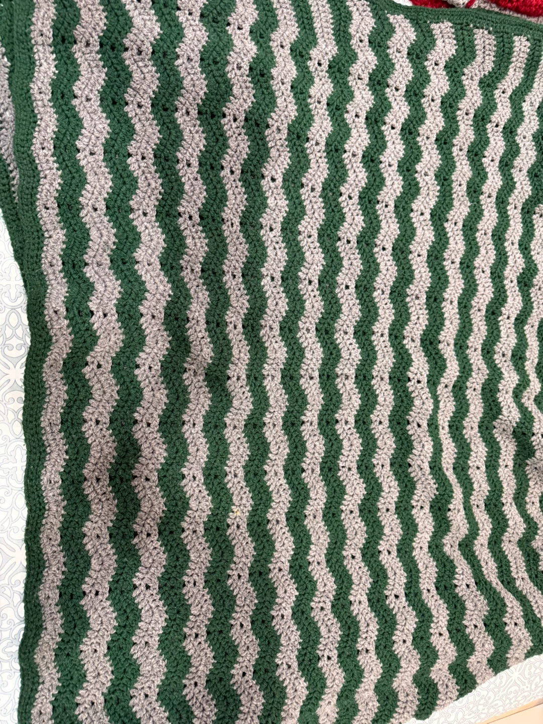 Crocheted Blanket Green Grey Stripes