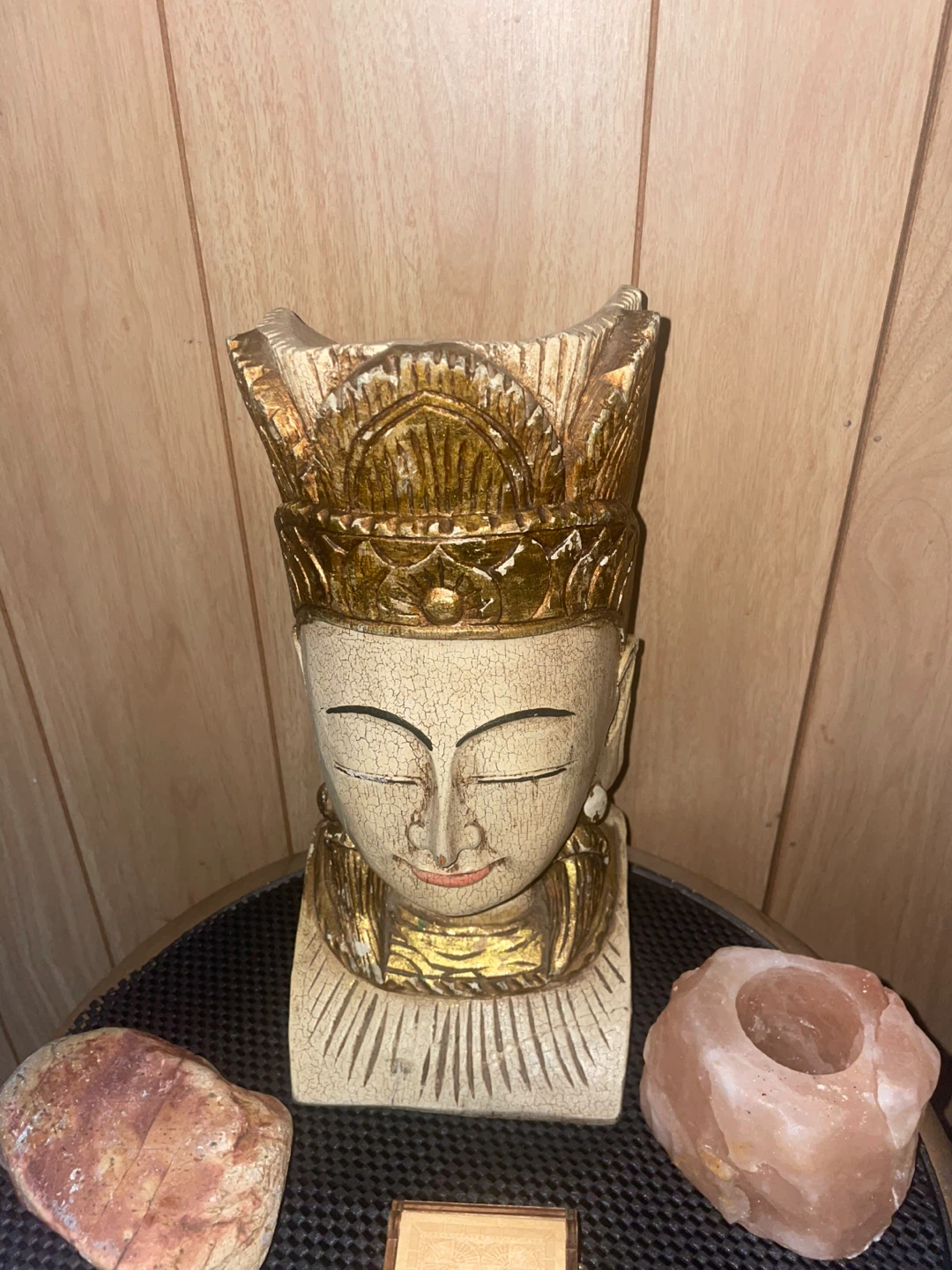 Wooden Buddha Head Sculpture with Crown - photo 2