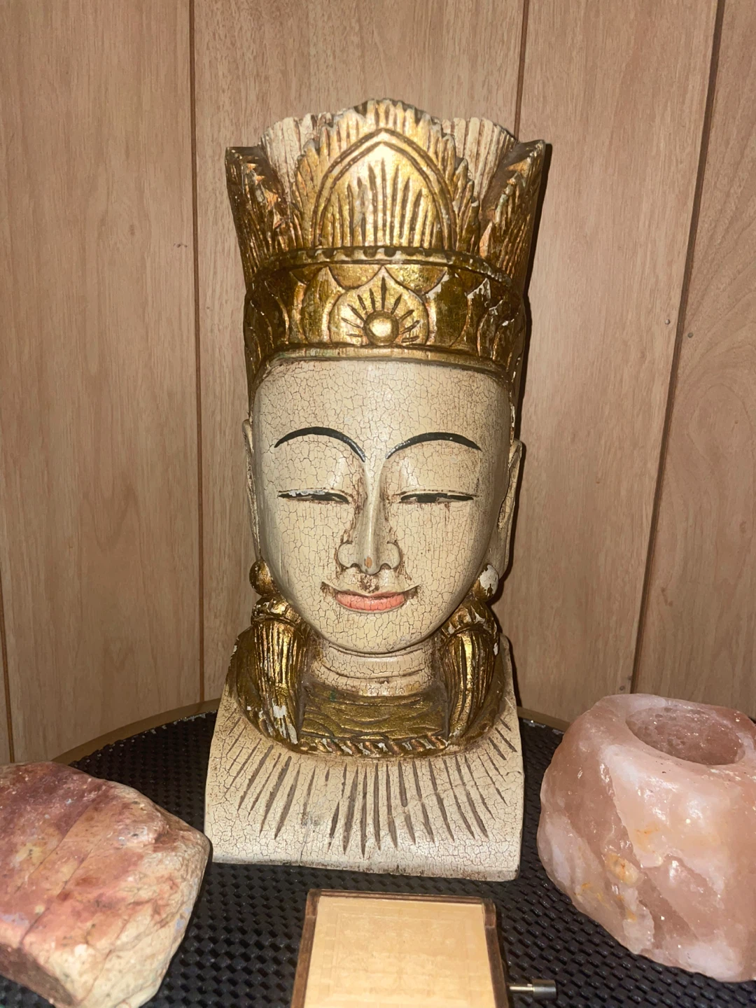 Wooden Buddha Head Sculpture with Crown