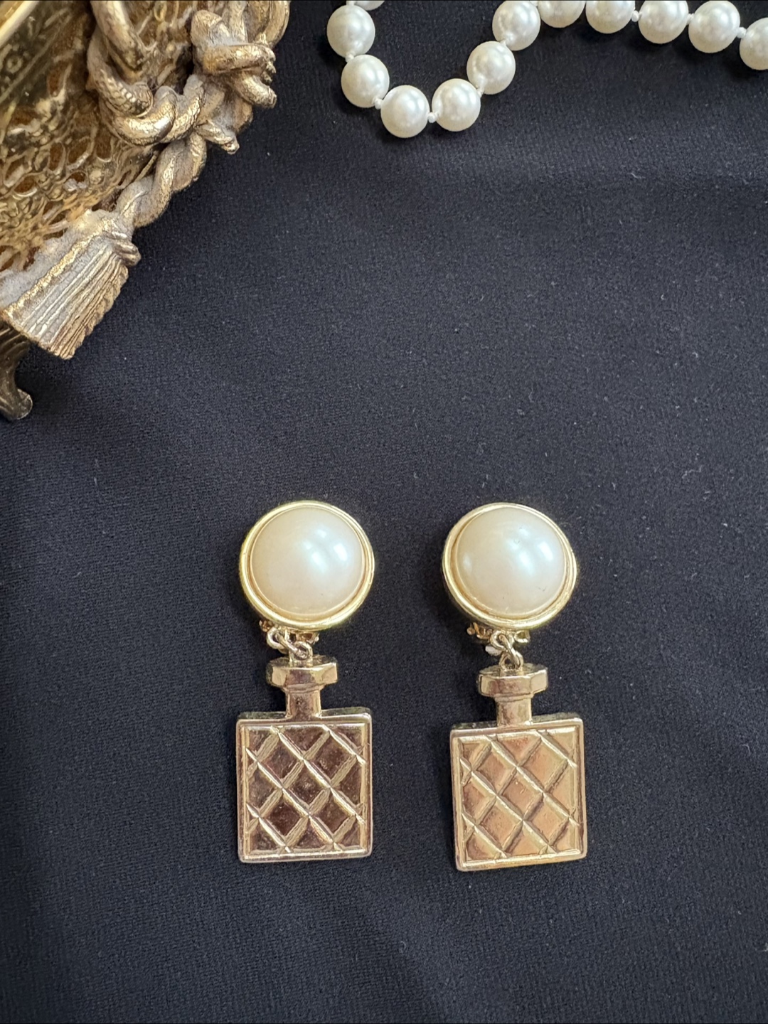 Vintage Gold Tone Perfume Bottle Dangle Earrings with Pearls - photo 2