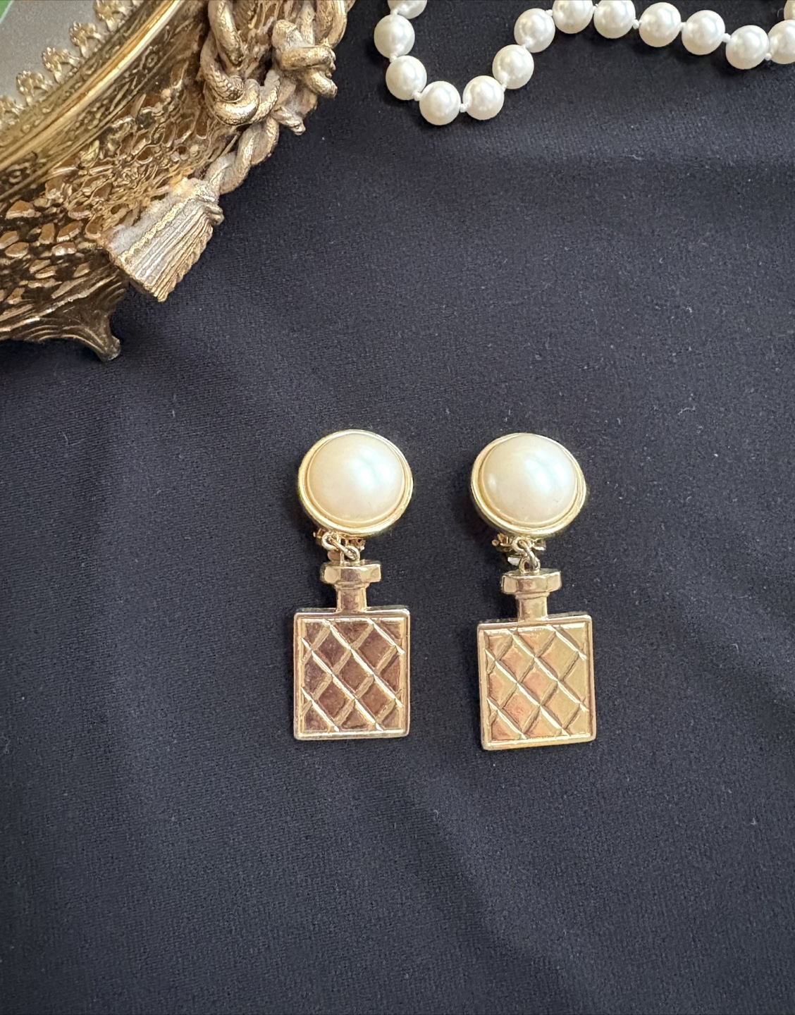 Vintage Gold Tone Perfume Bottle Dangle Earrings with Pearls