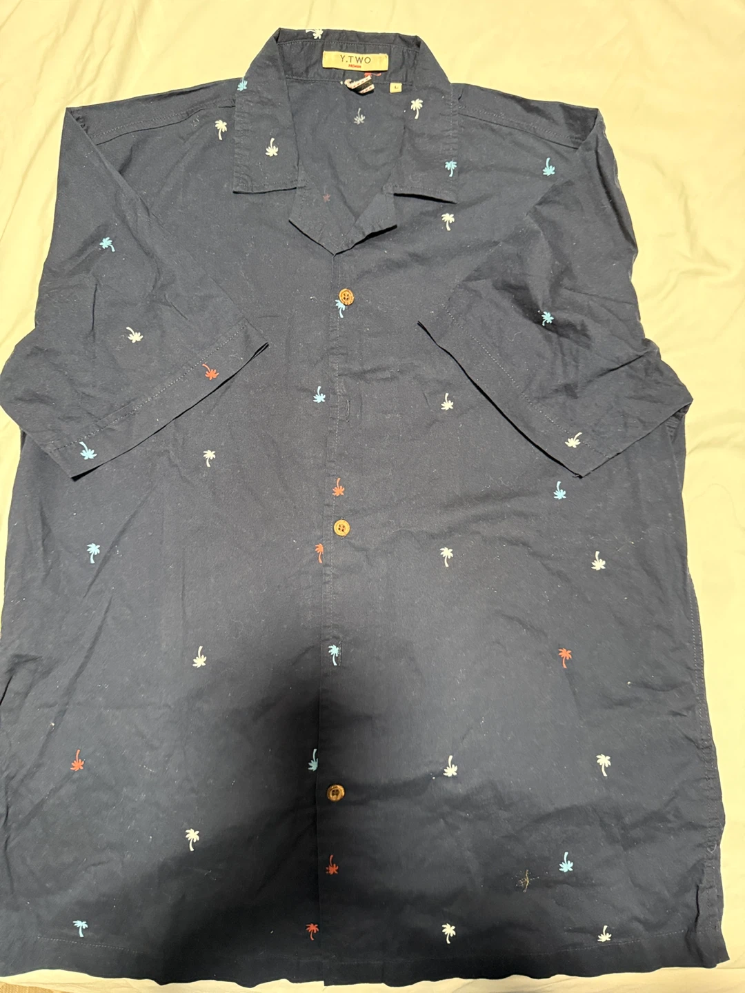 Y.TWO Navy Blue Short Sleeve Shirt with Palm Tree Print - Size L