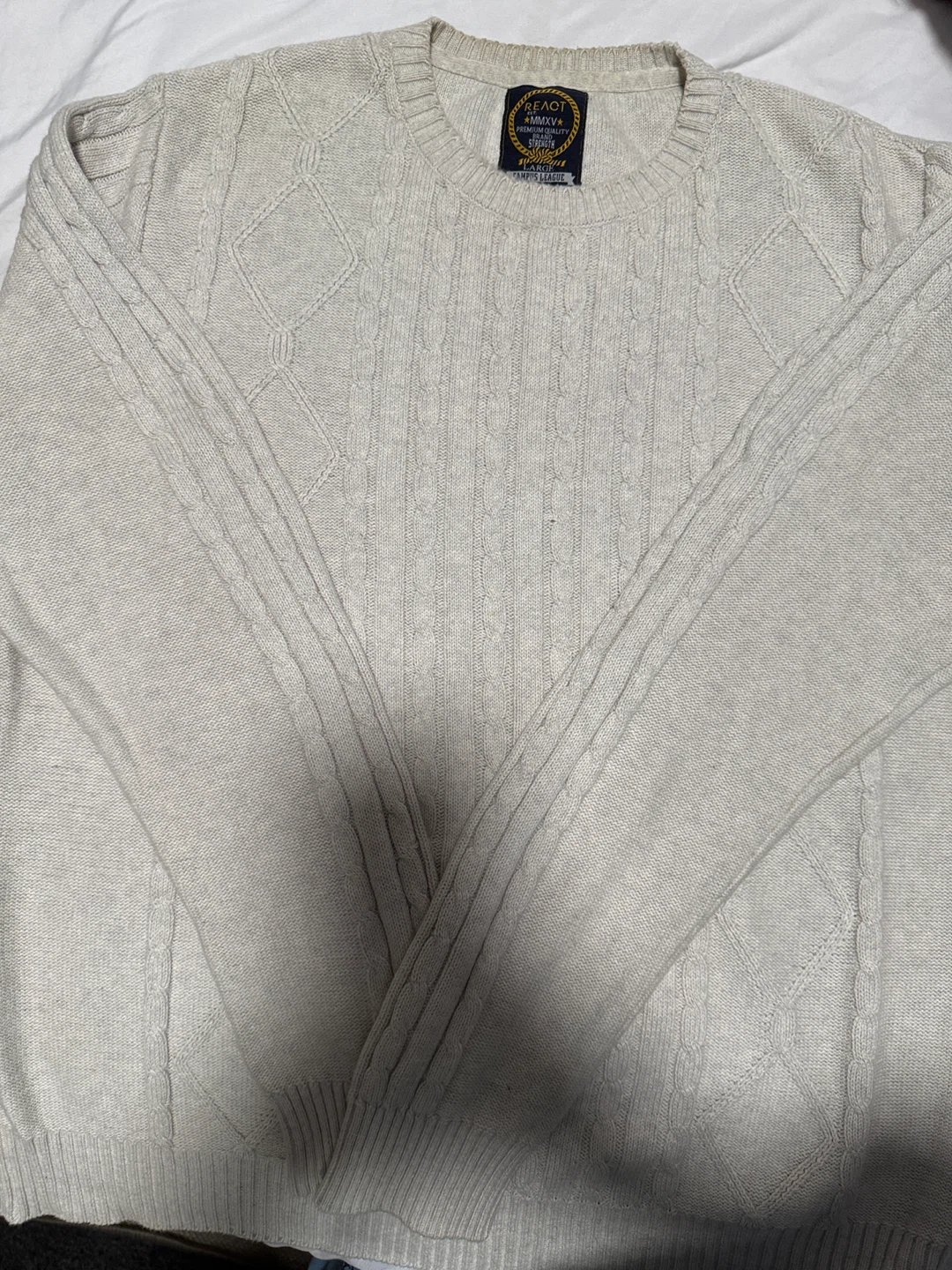 REACT CAMPUS LEAGUE Cable Knit Sweater - Large - Beige