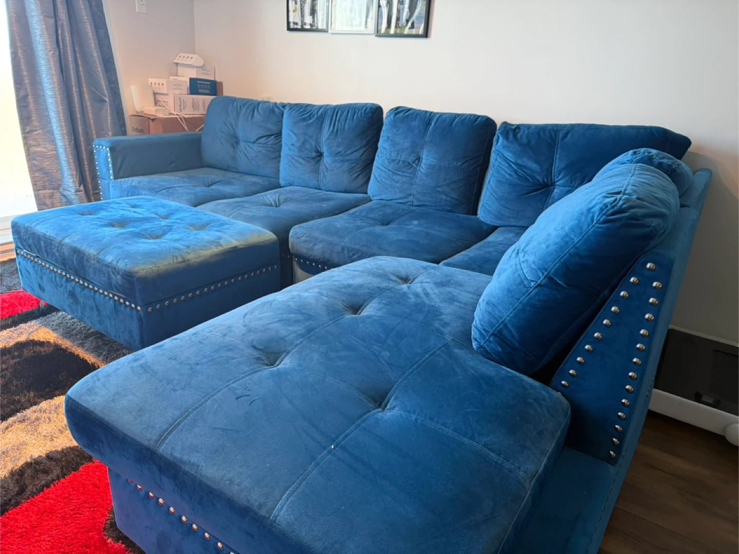 Blue Velvet Sectional Sofa with Ottoman - photo 2