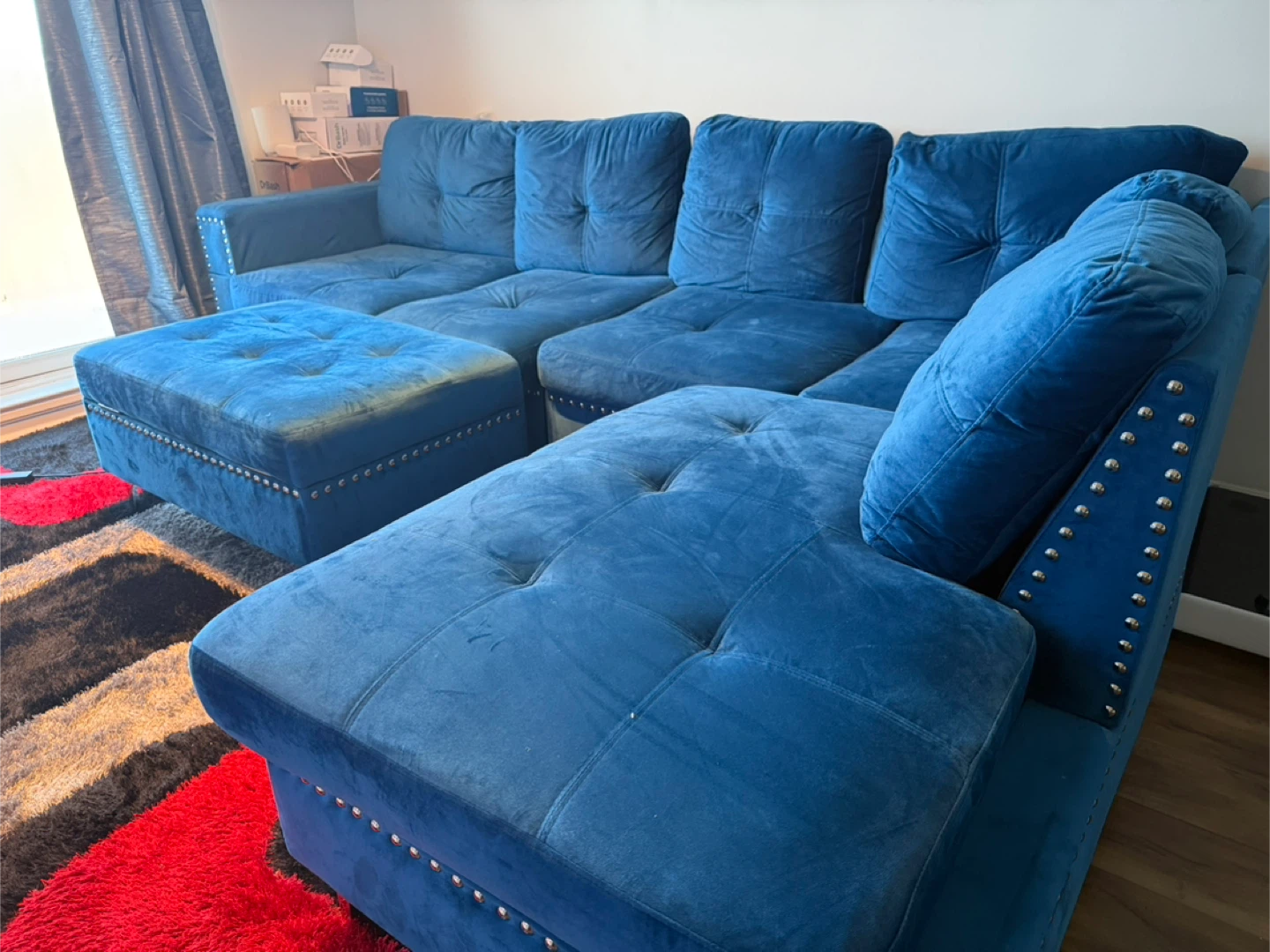 Blue Velvet Sectional Sofa with Ottoman