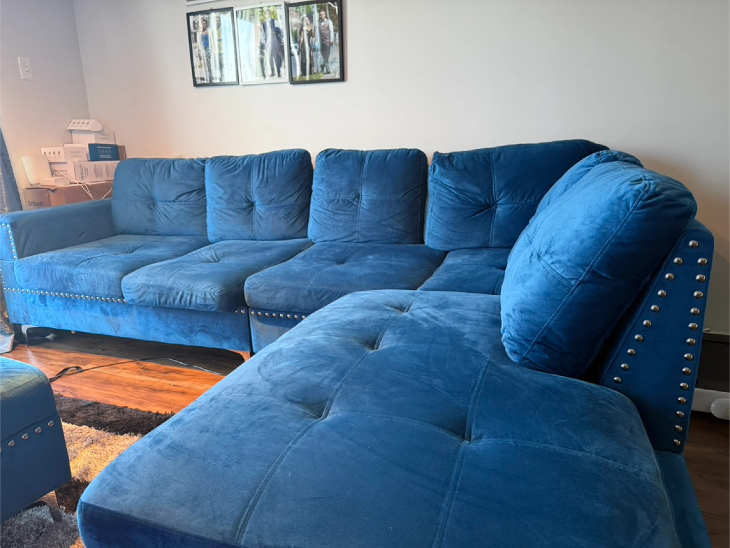 Blue Velvet Sectional Sofa with Ottoman - photo 3