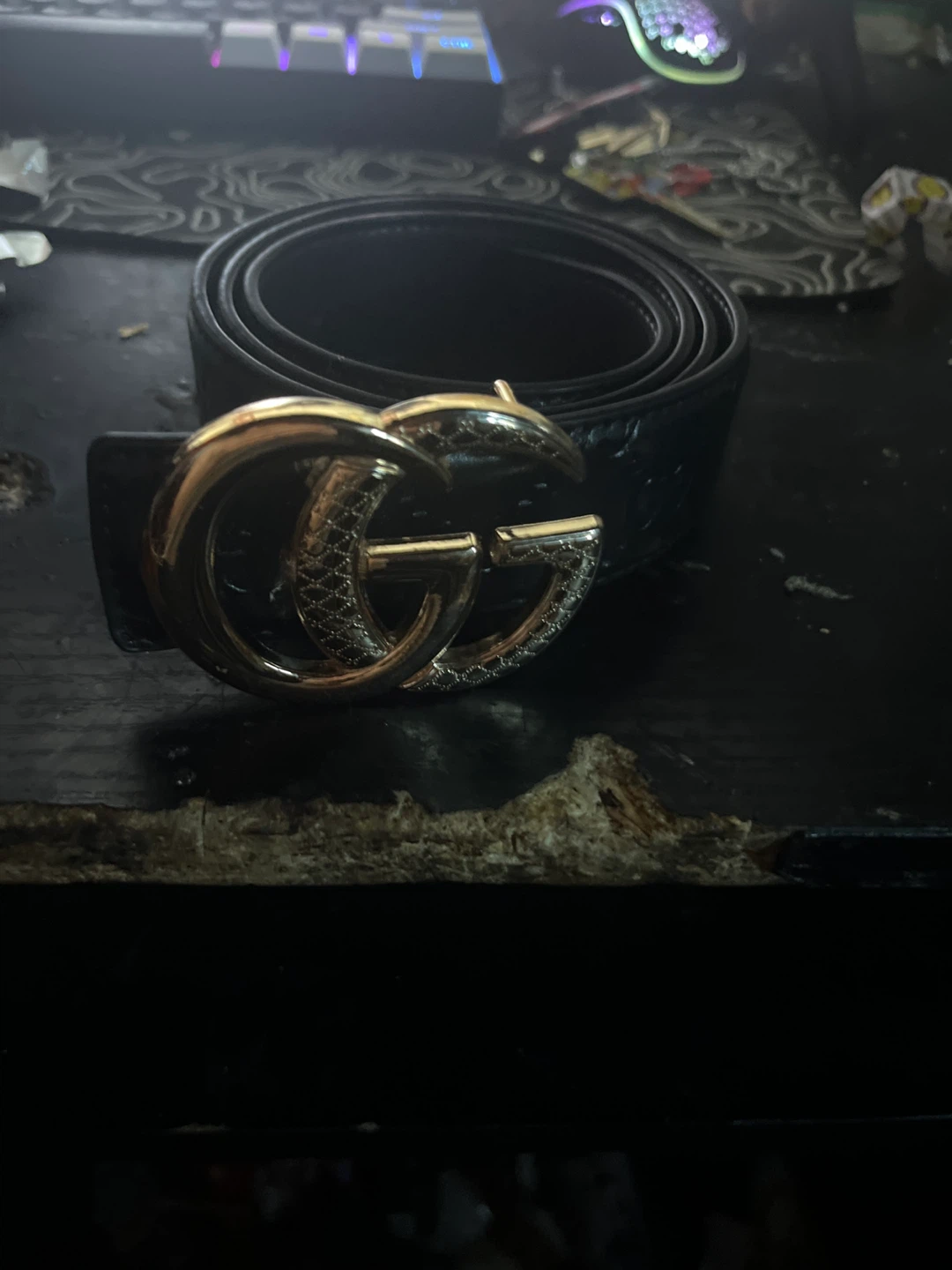 Black Leather Belt with Gold GG Buckle