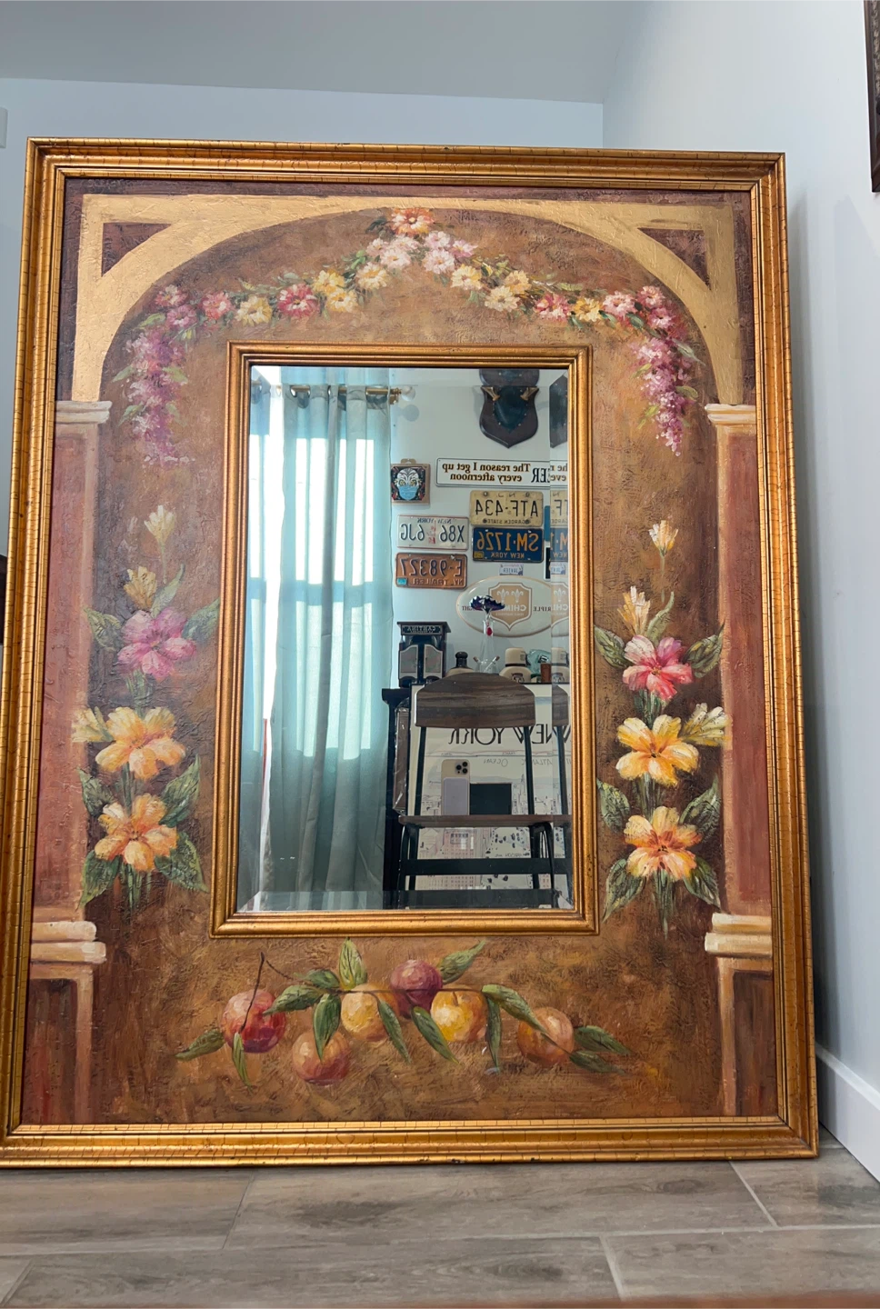 Vintage Ornate Gold Frame Mirror with Floral Painting