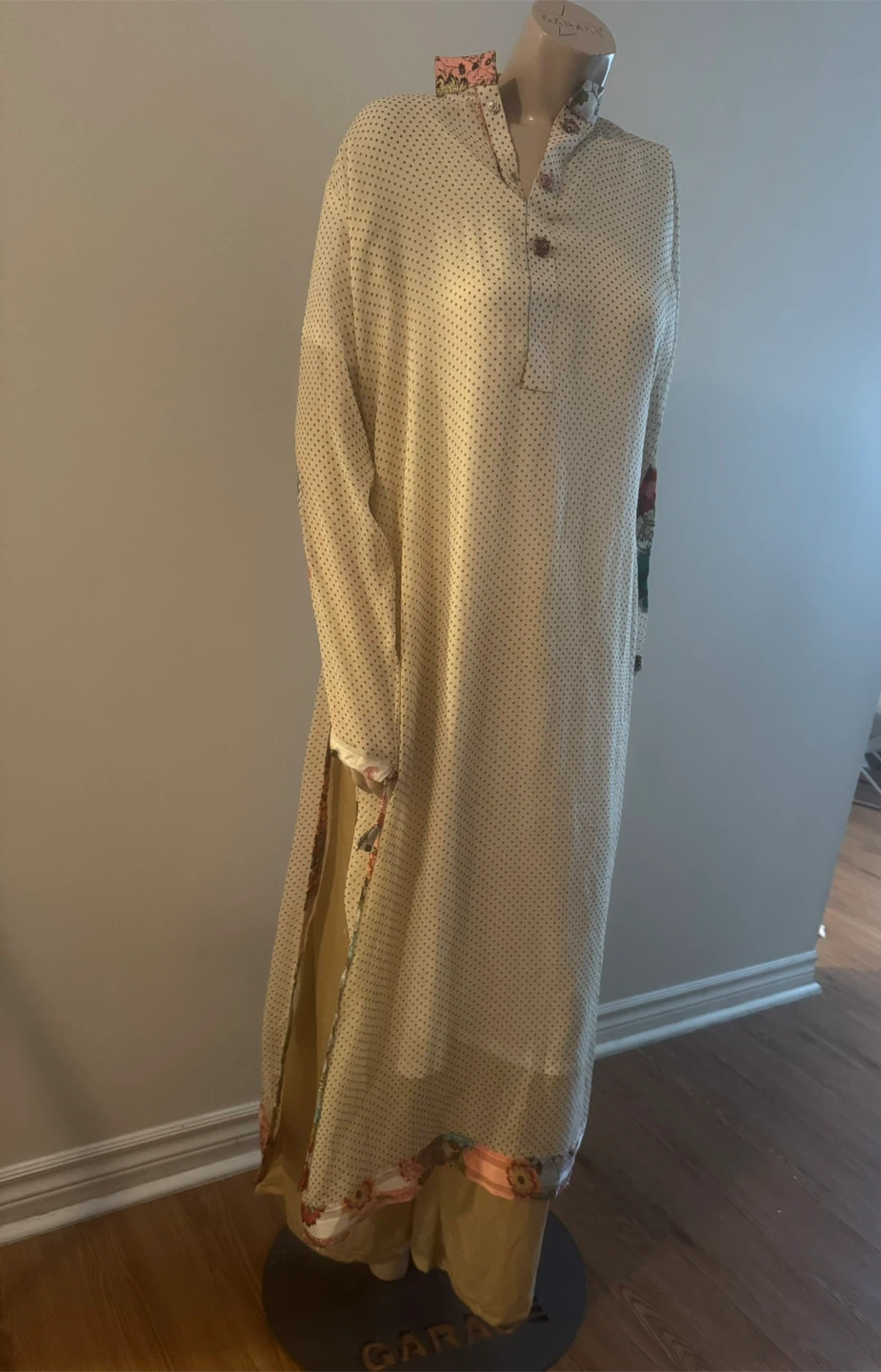 Women's Cream Polka Dot Kurti with Floral Trim