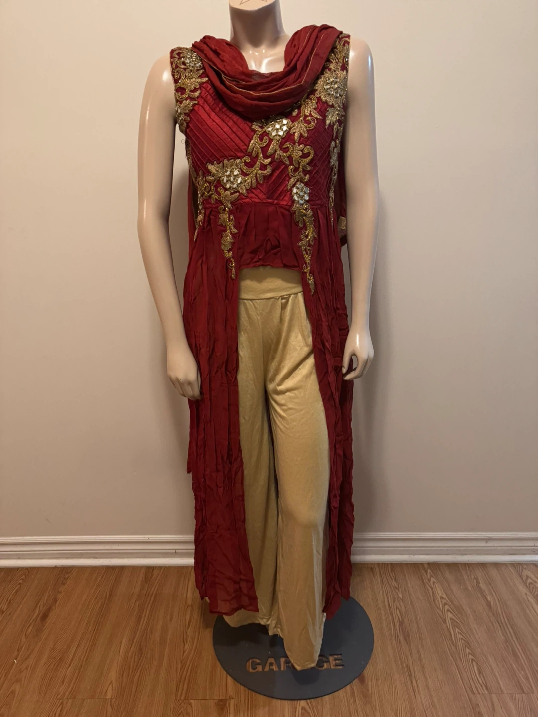 Embroidered Red Maxi Dress with Gold Pants