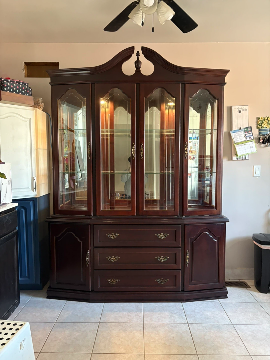 Dark Cherry Wood China Cabinet with Glass Doors and Drawers