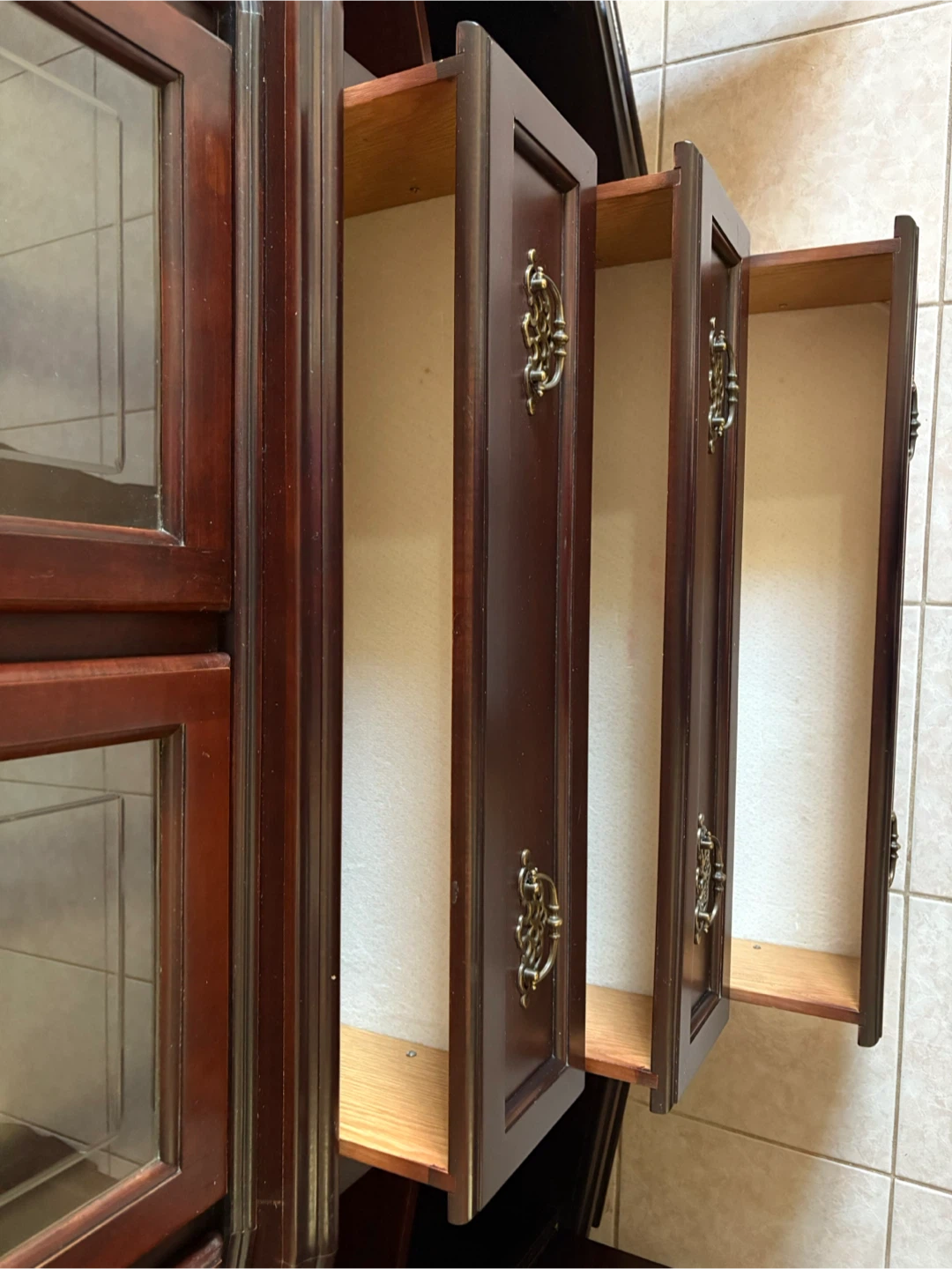 Dark Cherry Wood China Cabinet with Glass Doors and Drawers - photo 5
