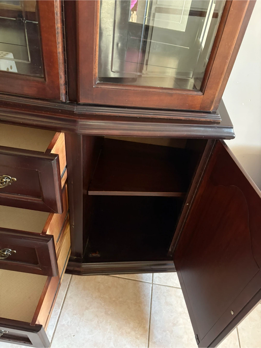 Dark Cherry Wood China Cabinet with Glass Doors and Drawers - photo 4