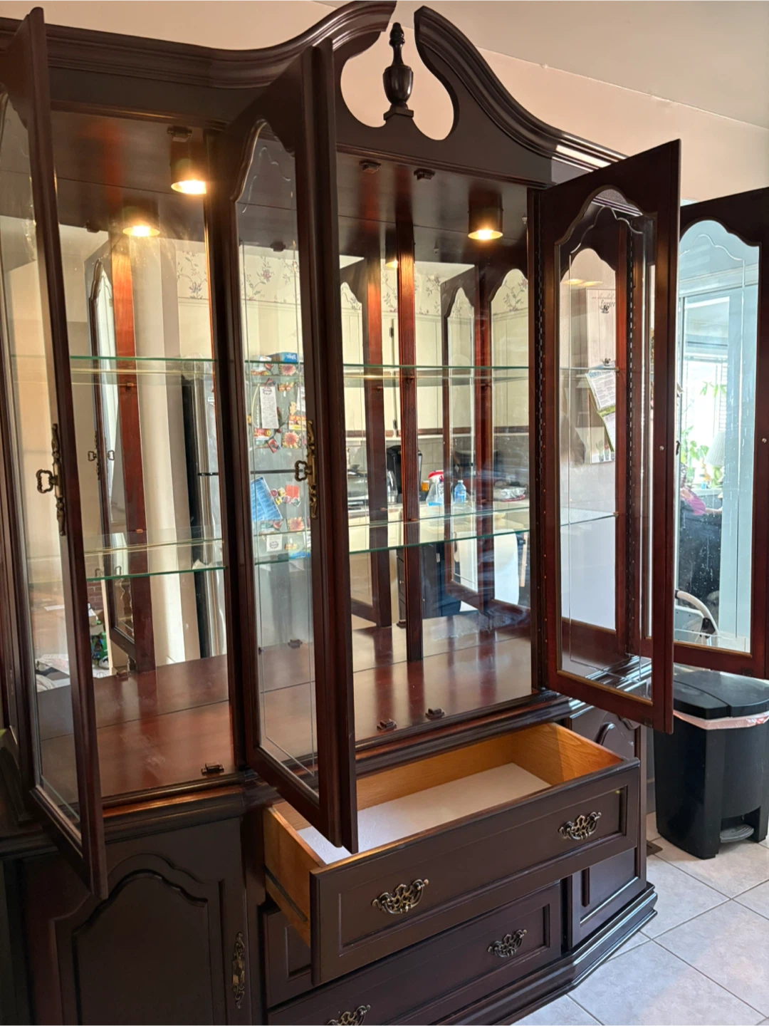 Dark Cherry Wood China Cabinet with Glass Doors and Drawers - photo 3