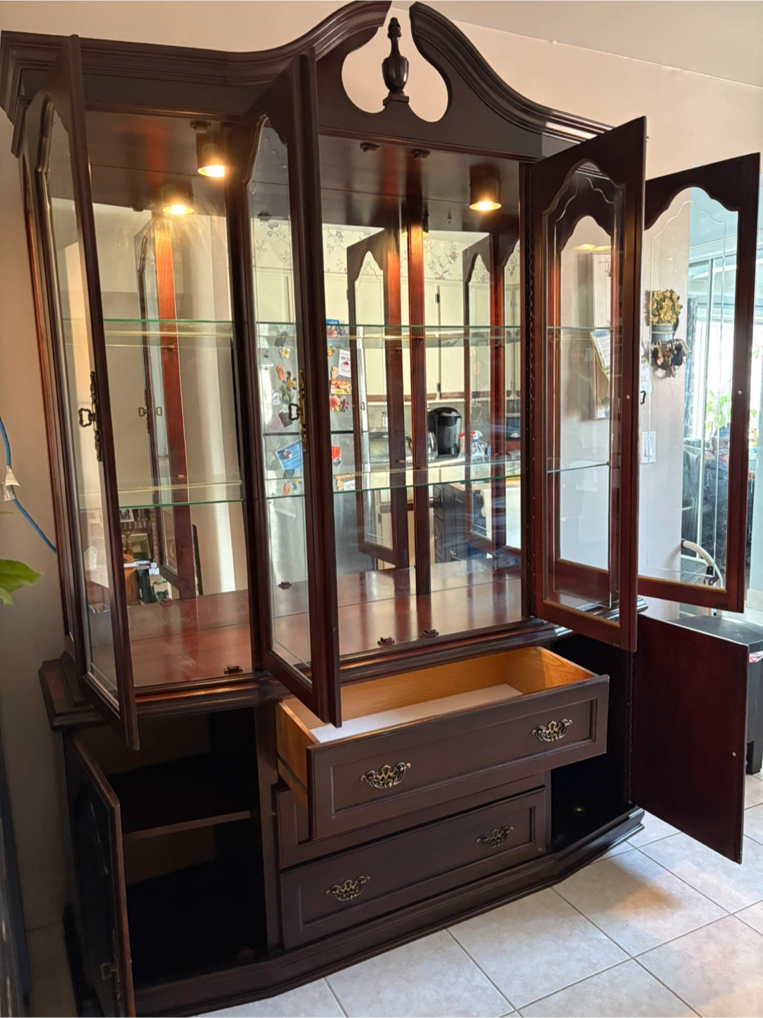 Dark Cherry Wood China Cabinet with Glass Doors and Drawers - photo 2