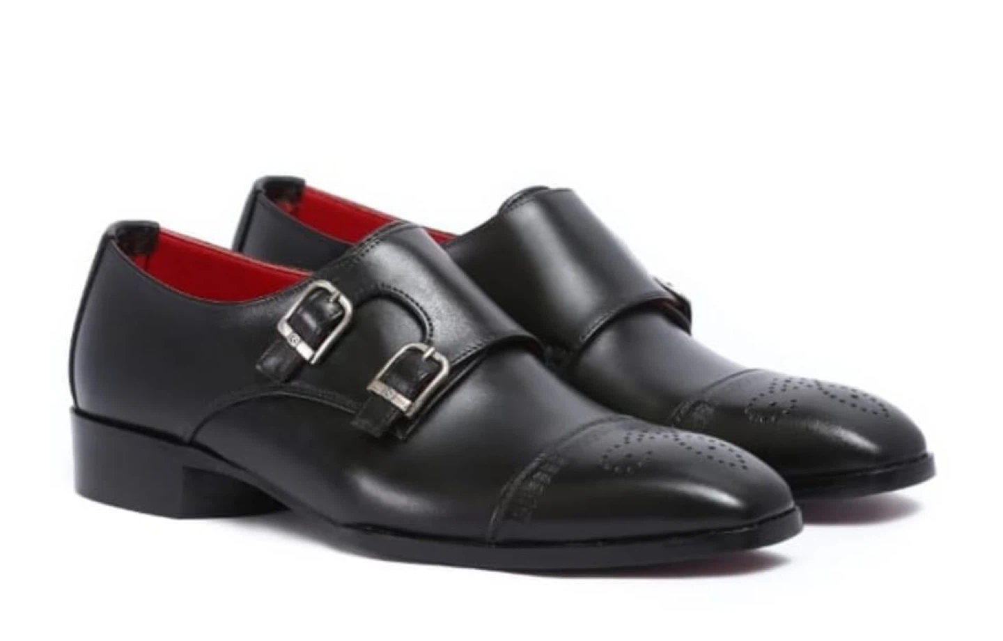 Black Leather Double Monk Strap Shoes