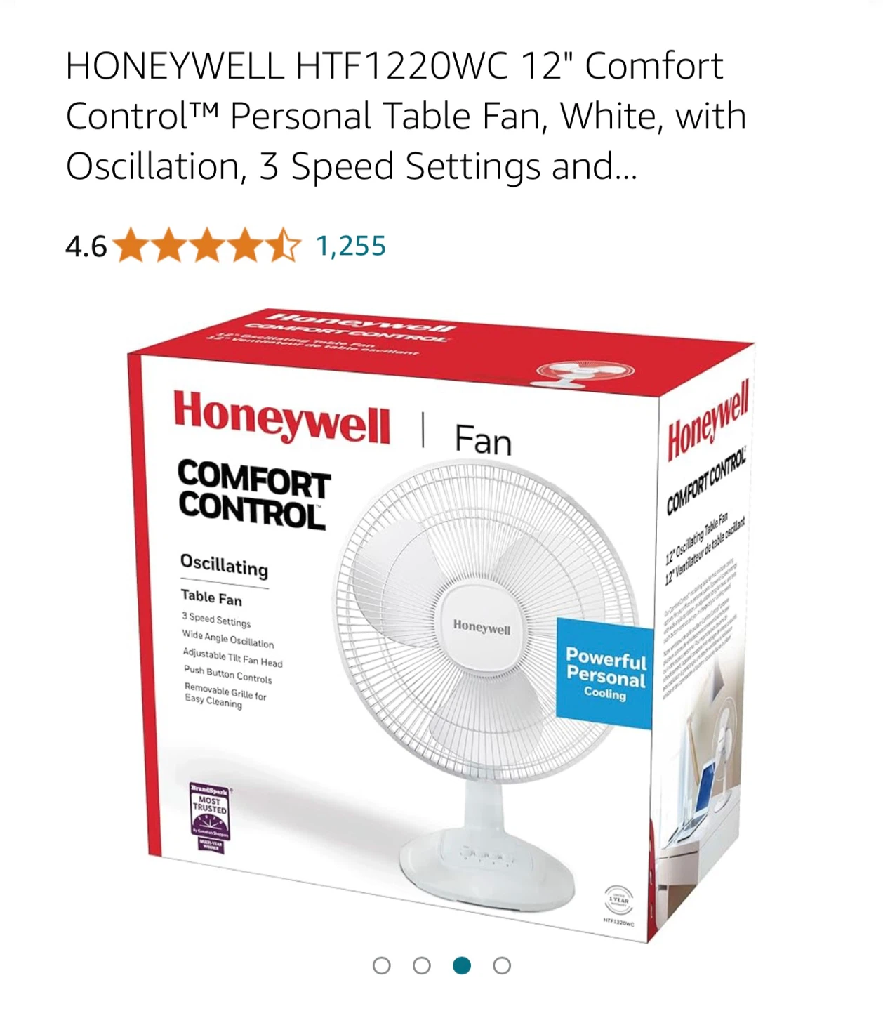Honeywell HTF1220WC 12" Comfort Control Personal Table Fan White - photo 2