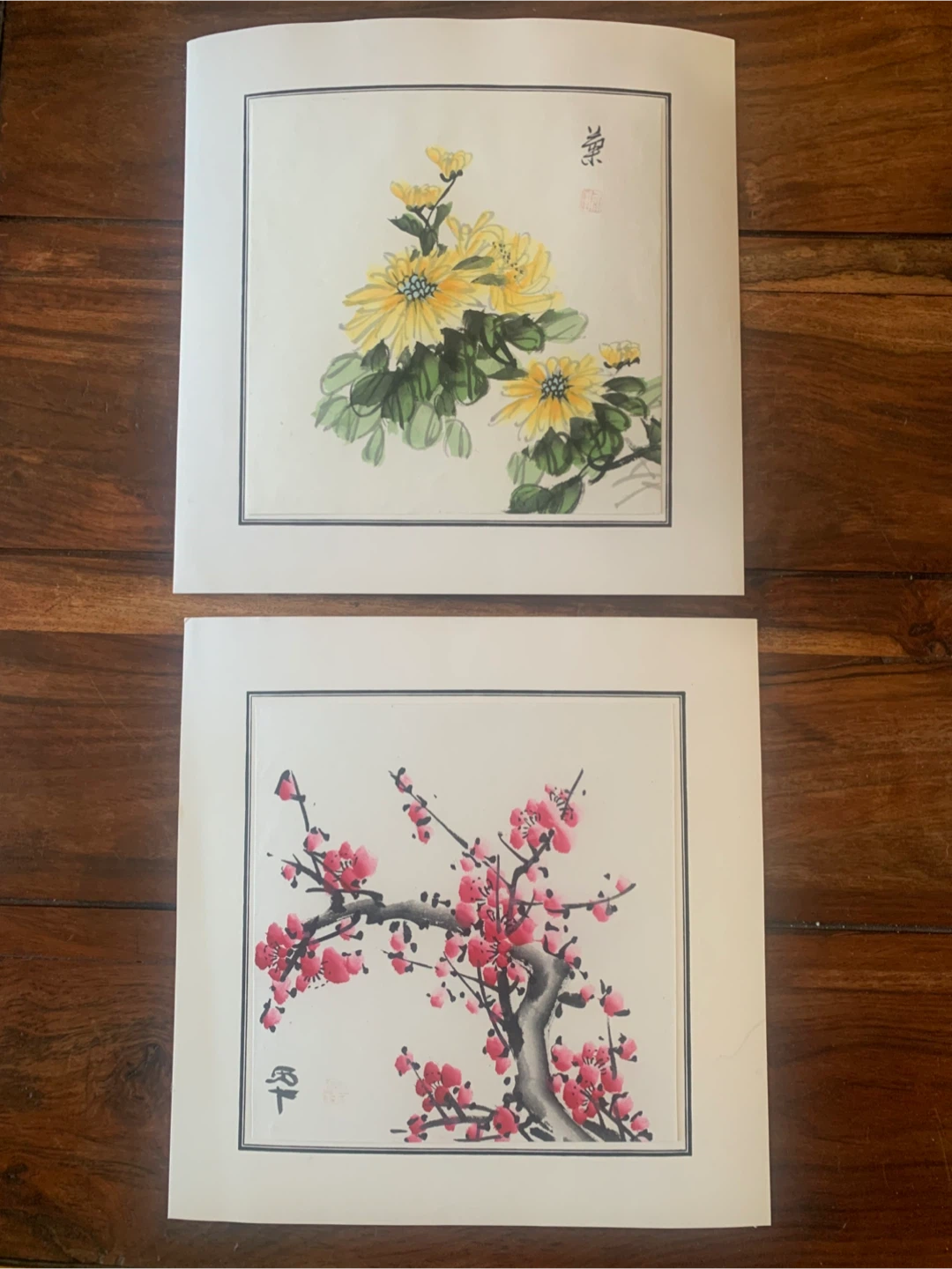 Set of 2 Art Watercolour Yellow Chrysanthemums and Pink Blossoms