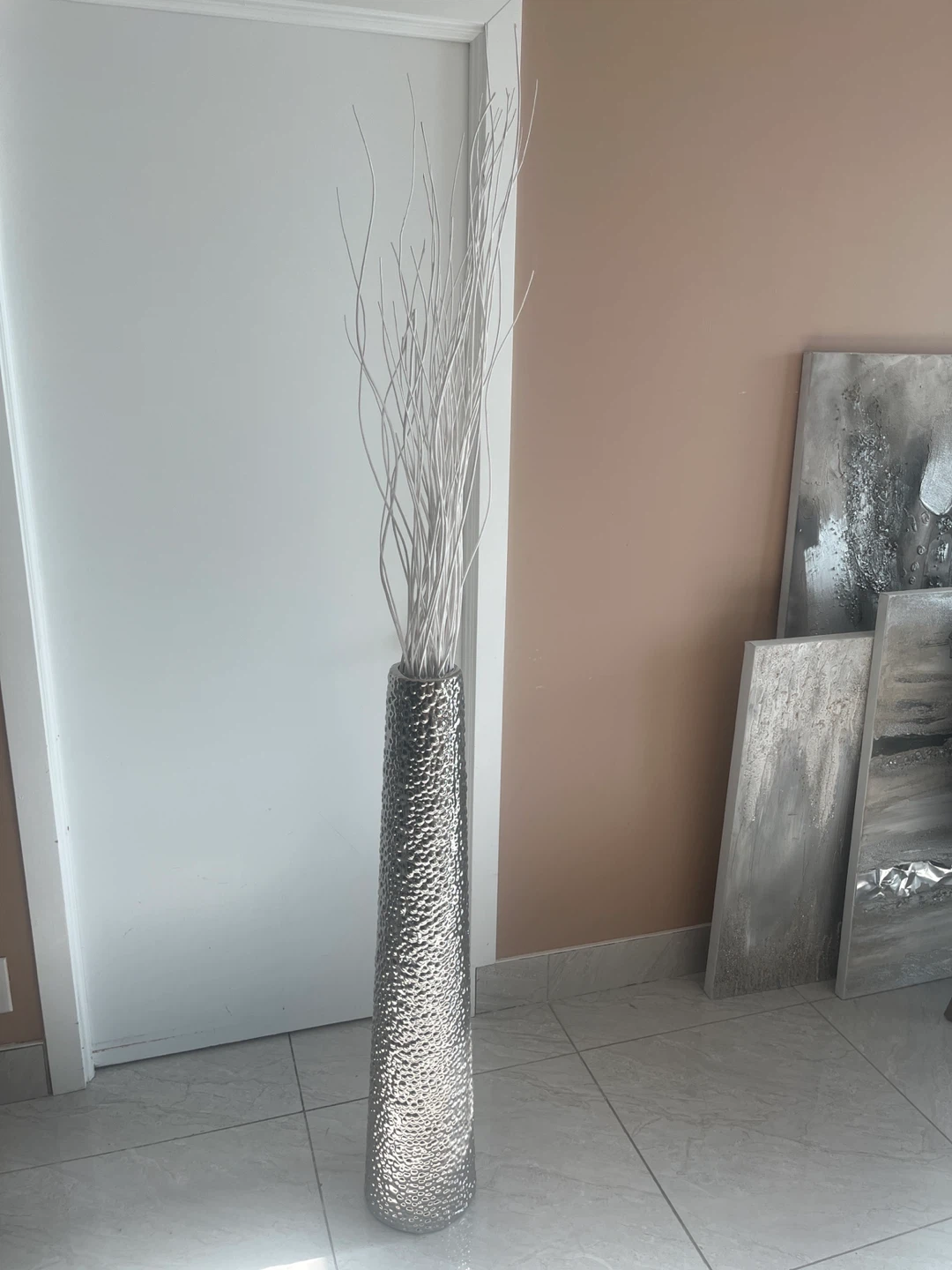 Tall Silver Textured Vase with White Branches