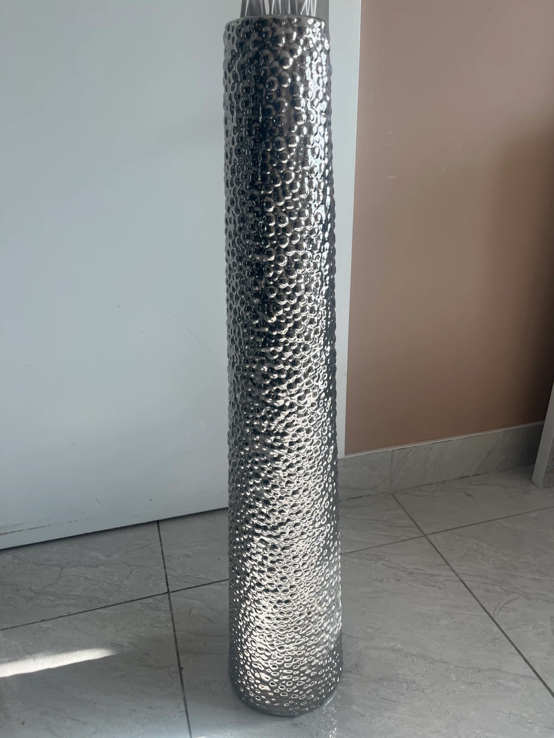 Tall Silver Textured Vase with White Branches - photo 2