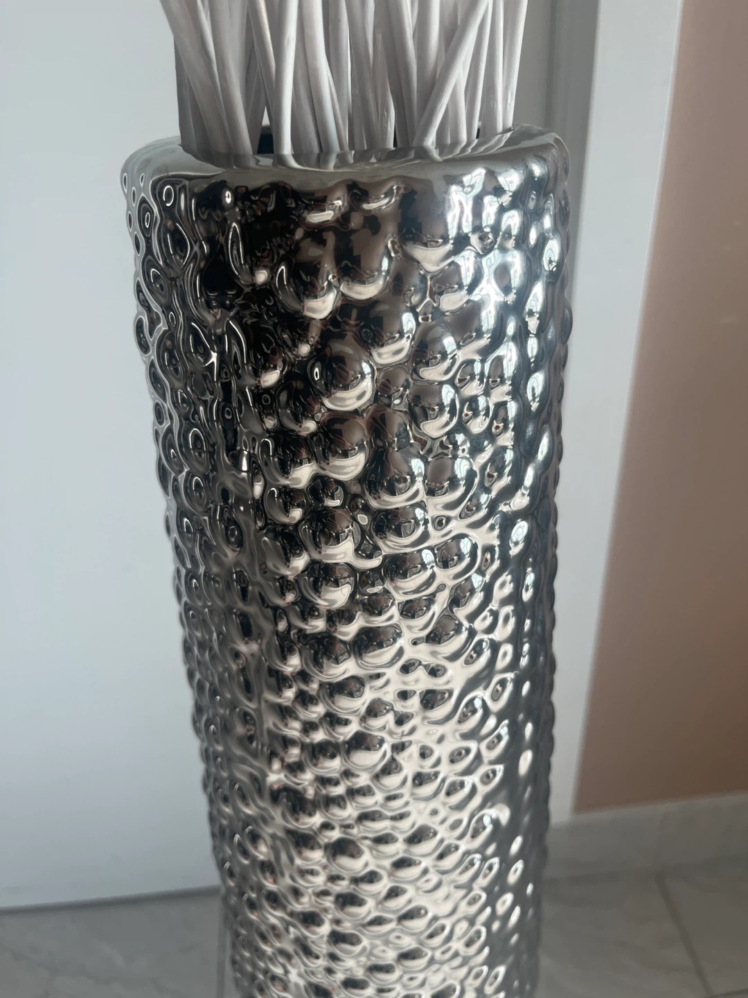 Tall Silver Textured Vase with White Branches - photo 3