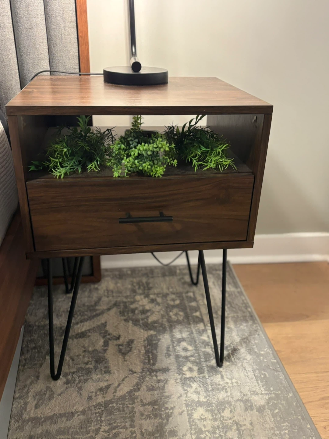 2 Mid-Century Modern Nightstands with Drawer and Open Shelf