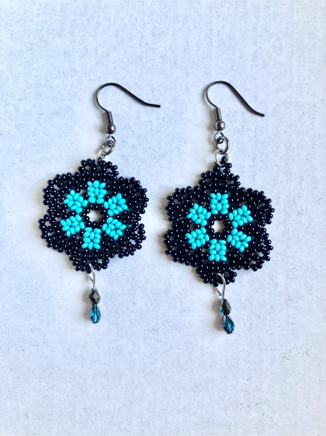 Handmade Beaded Snowflake Earrings - Black & Turquoise