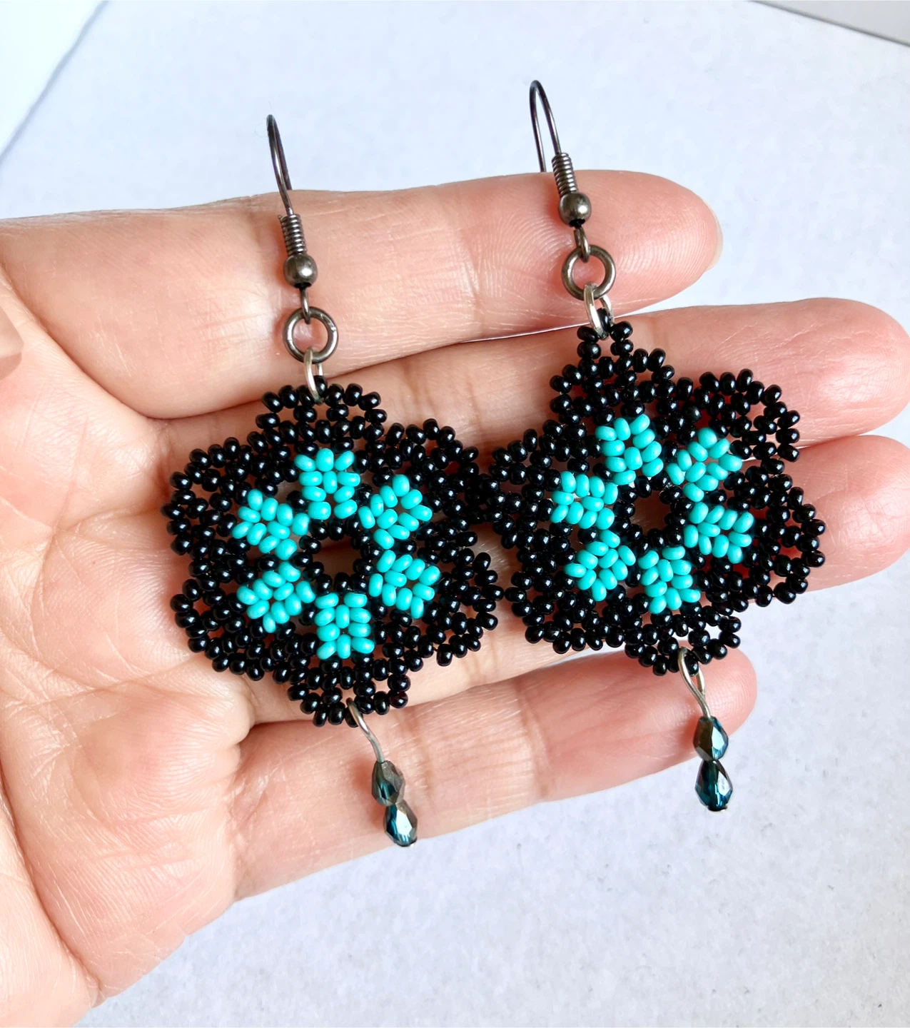 Handmade Beaded Snowflake Earrings - Black & Turquoise - photo 2